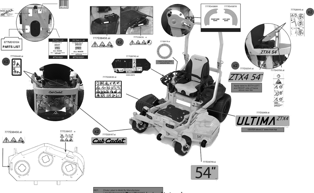 Label Map Diagram and Parts List for ZTX4-54KH (47RSAAA7010)(2022) Cub Cadet Lawn Tractor